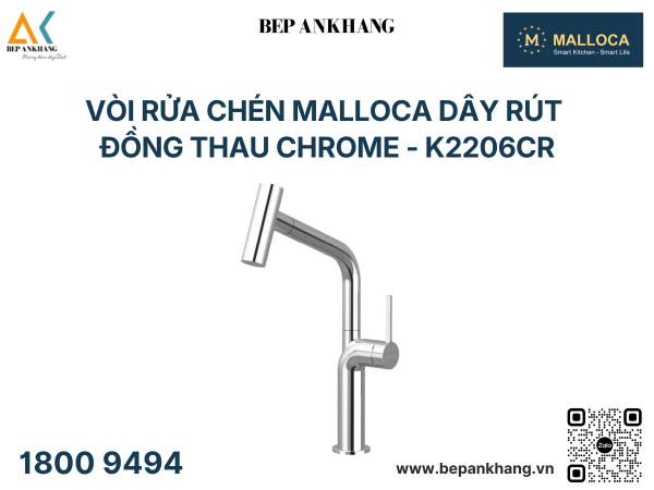 Vòi rửa chén Malloca dây rút đồng thau Chrome - K2206CR